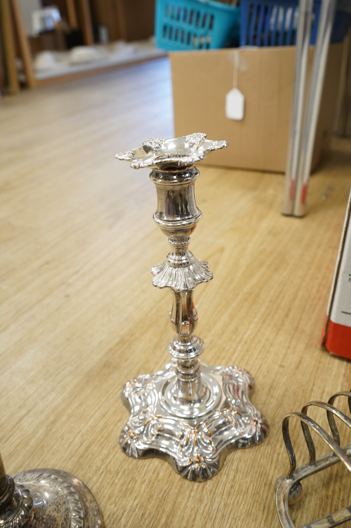 A pair of George III Old Sheffield plate candlesticks Mappin & Webb tea service